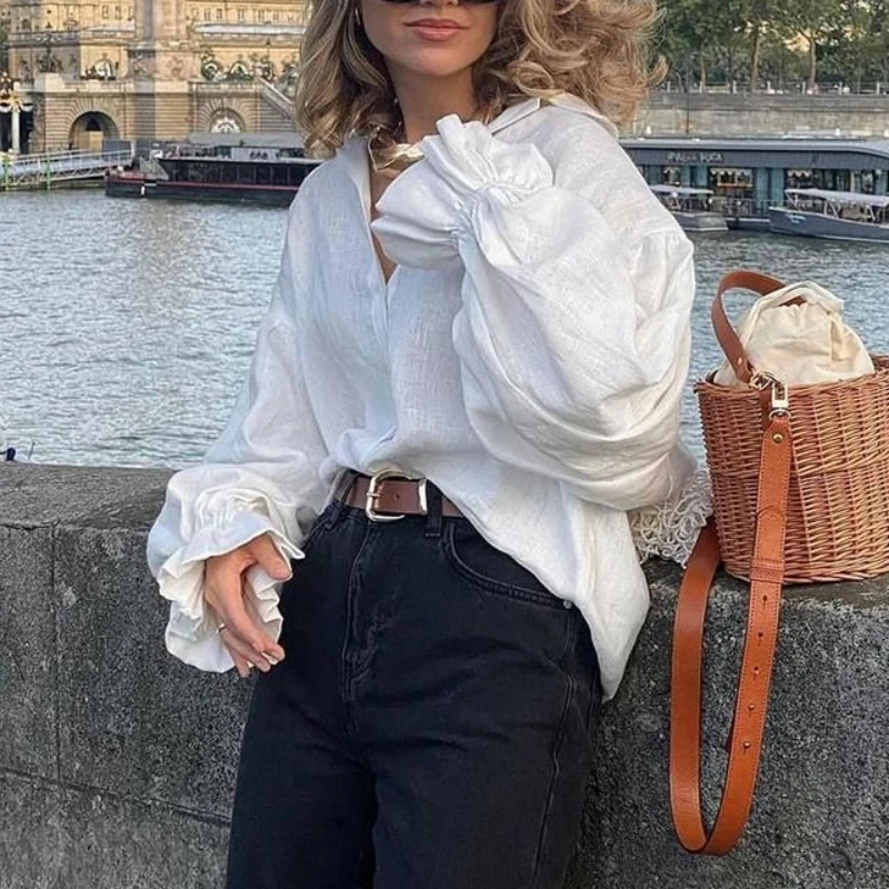 Women's Clothing 2025 Summer New Style Loose Oversized Lapel Lantern Sleeve Long Sleeved Shirt Women's Top