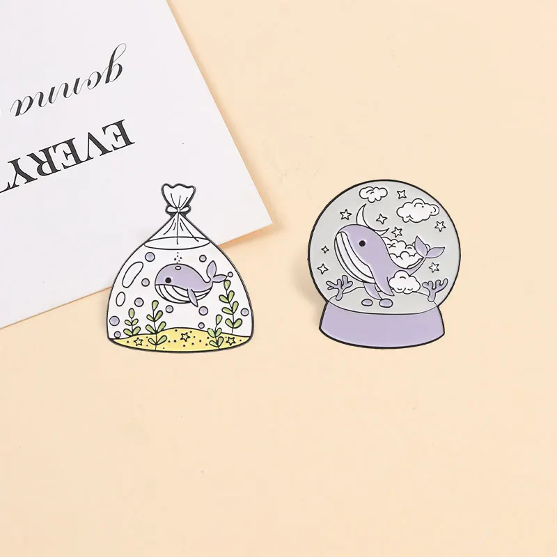 Dreamy Purple Whale Snow Globe Enamel Pins Bagged Ocean Whale Crystal Ball Cartoon Animal Brooches Lapel Badge Jewelry Gifts