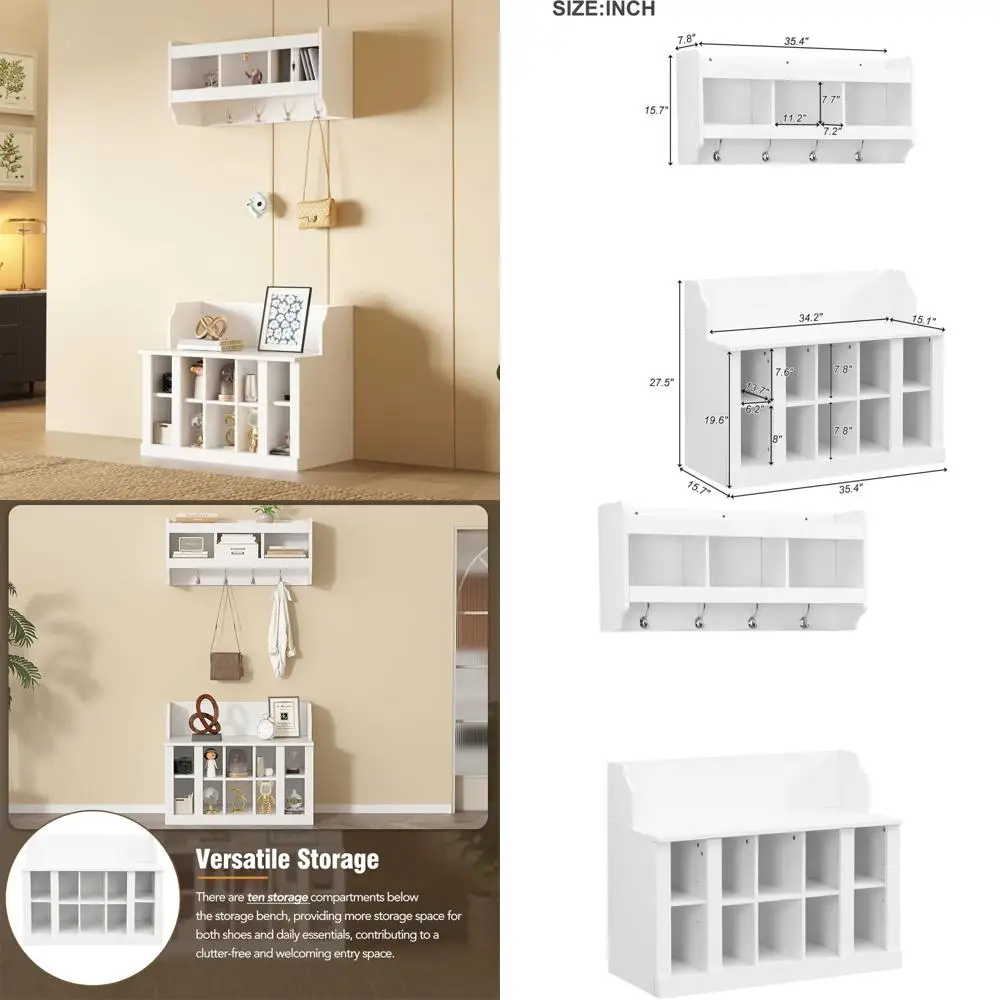 Regulowana, ścienna szafka na buty z haczykami do organizacji przedpokoju i garderoby, w kolorze białym.