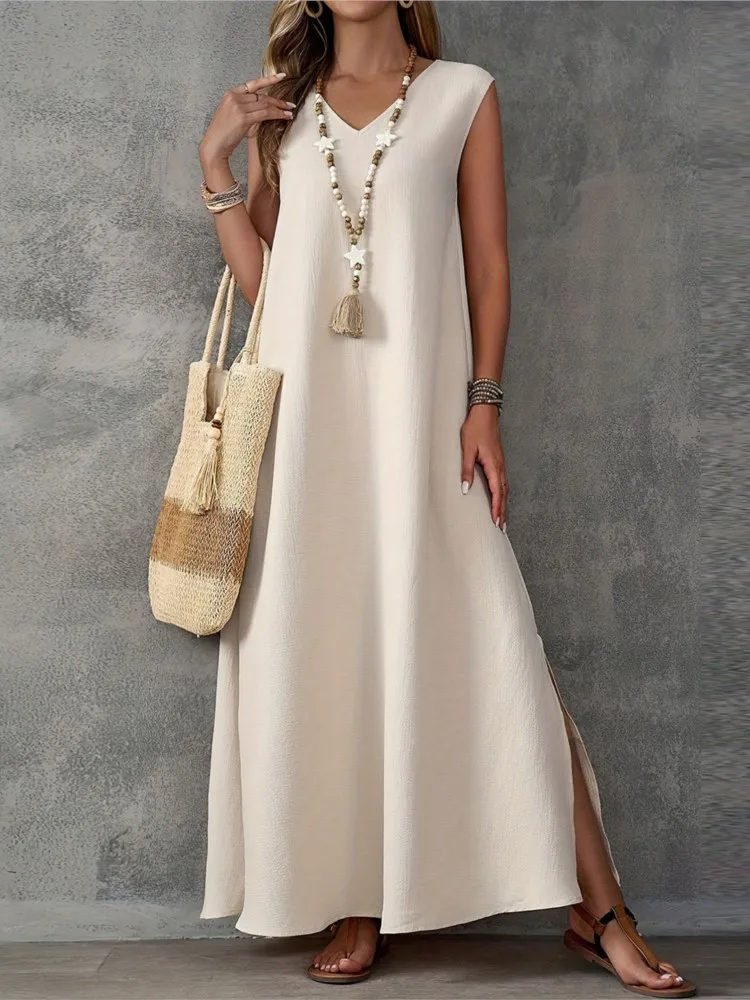 

Woman's Leisure Sleeveless A-line Dress Fashion Solid Slit Hem V-neck Loose Long Dresses Spring Summer Ladies Holiday Vestidos