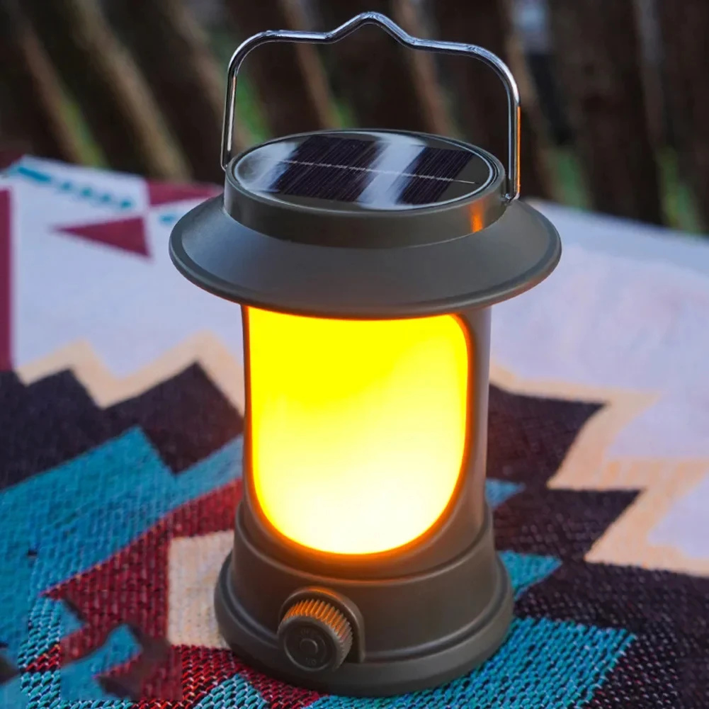 Portátil Solar Vintage Camping Lantern USB Recarregável, Pendurado Tent Light, Regulável, Noite, Caminhadas, Pesca, Lâmpada de emergência