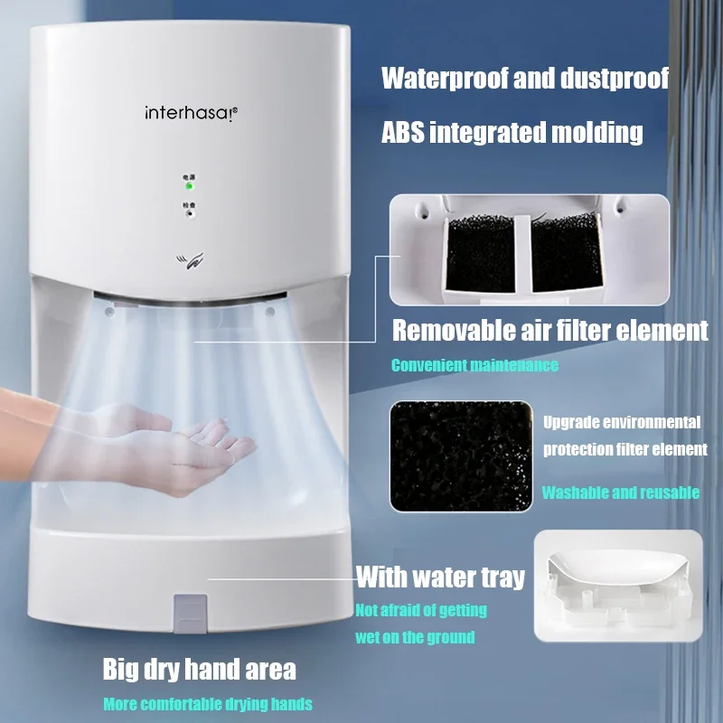 interhasa! Automatic Hand Dryers with Tray High Speed Wind Sensor Hand Dryer Wall Mounted Dryer Machine for Bathroom Commercial