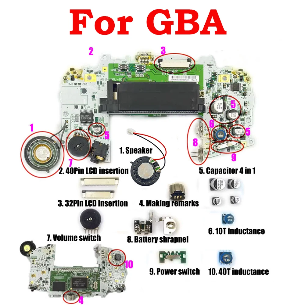 1 قطعة ل GBA لعبة وحدة التحكم صيانة الملحقات ل GBA LCD إدراج مكثف مغو المتكلم امدادات الطاقة حجم التبديل