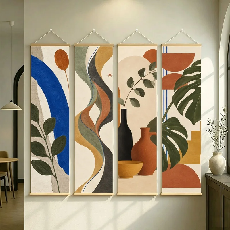 Wall Art Blue Arch Green Leaves and Burnt Orange Shapes, Modern Boho Pearlescent Canvas Hanging Scroll for Pop Up Store
