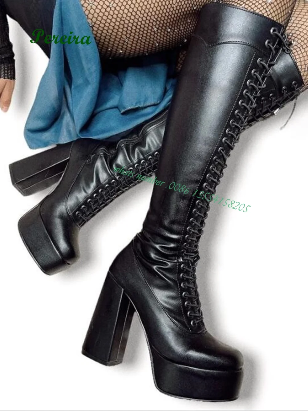 Patchwork Bling Lace Up Boots Gladiator Platform Chunky Heels Women's Knee High Boots Black Round Toe Casual Winter Shoes Sexy