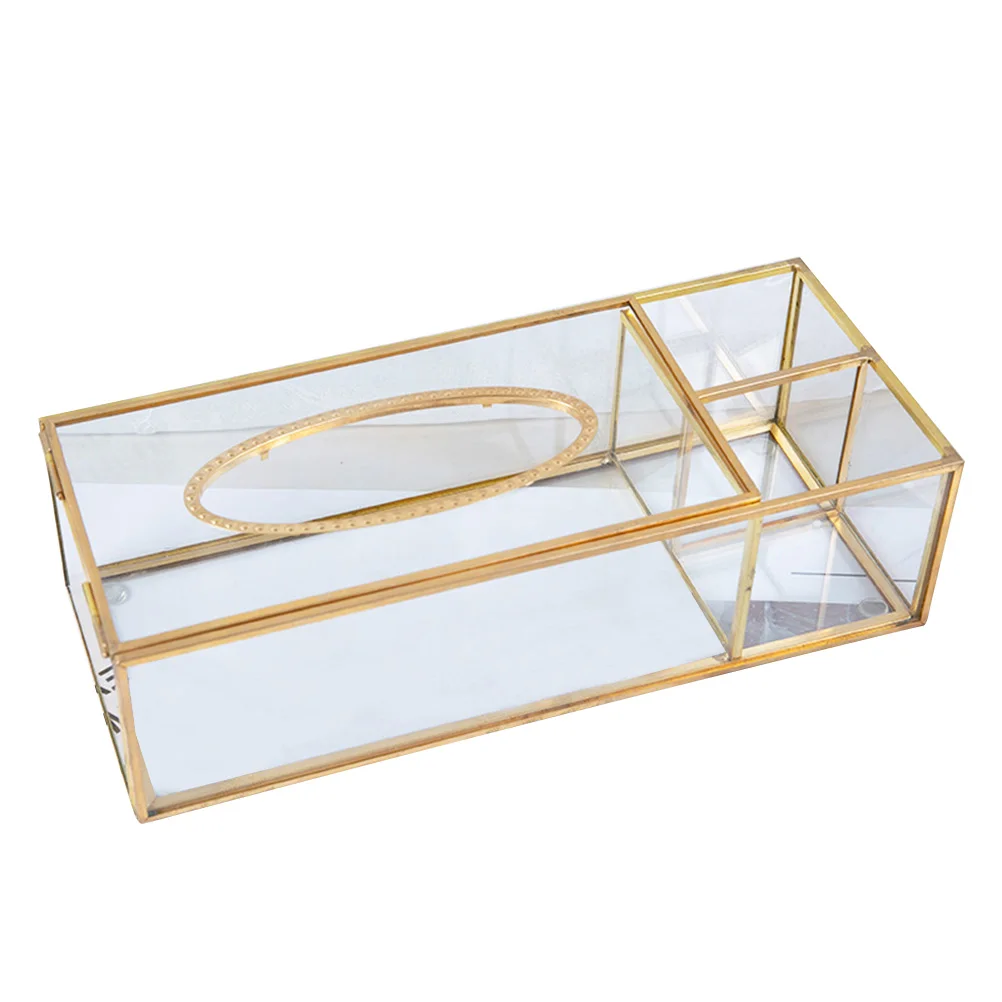 

1Pcs Glass Tissue Box Sturdy Brass Cover Dustproof Tissue Storage Box for Restaurant Office Household Automotive
