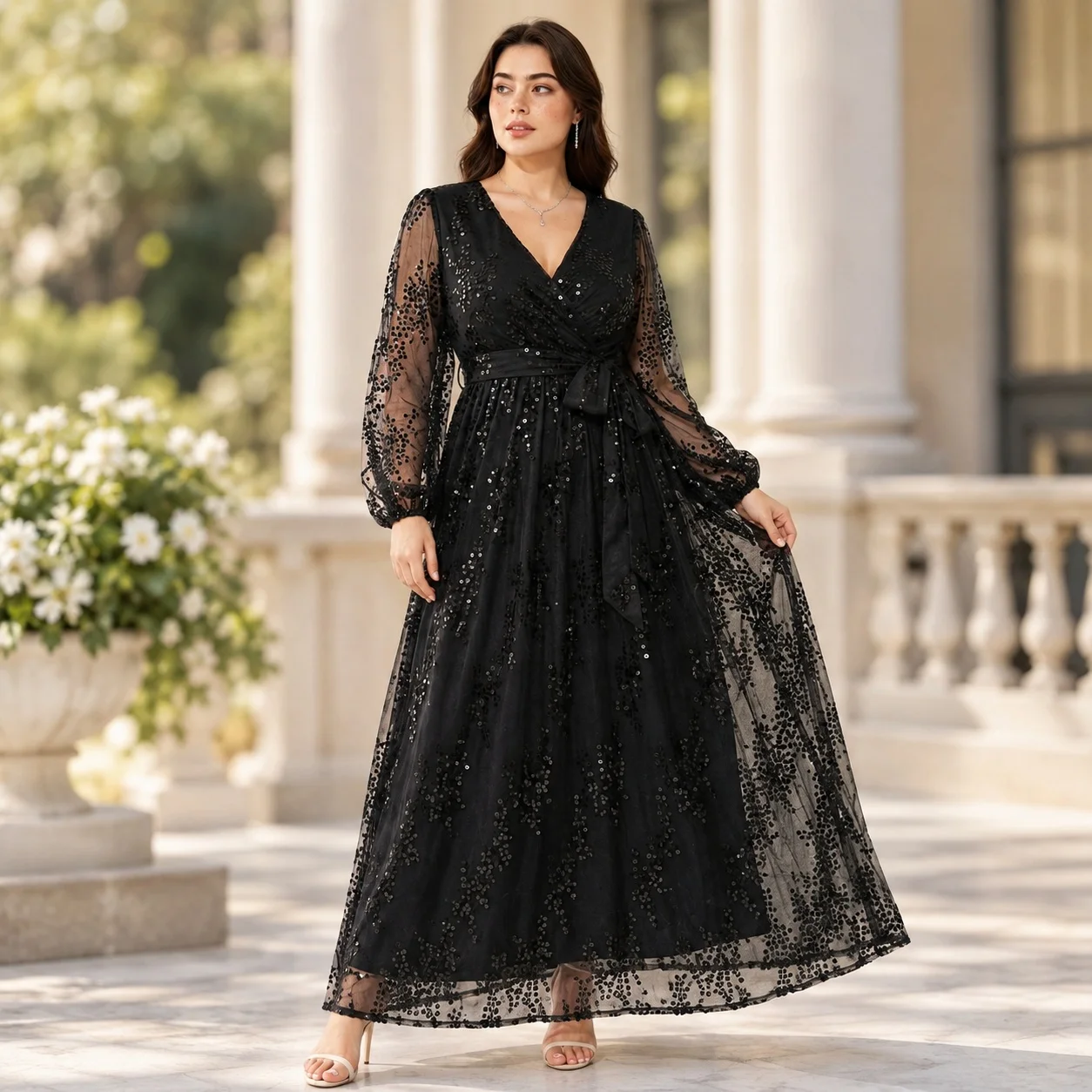 V Neck Long Sleeves Dress High Waist Elegant with Elegant Party Dresses Party Sequin Decoration Maxi Length Summer for Women