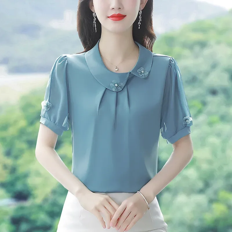 

Womens Elegant Peter Pan Collar Short Sleeve Blouse Casual Summer Shirt