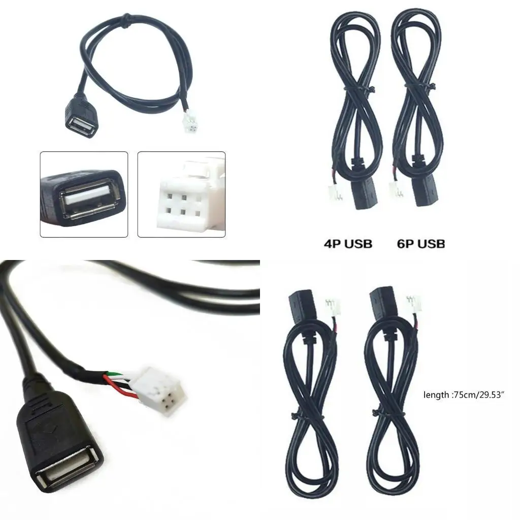 

31BC 2pcs Car Stereo USB Port Panel Extension Cable Adapter 4Pin+6Pin Connector