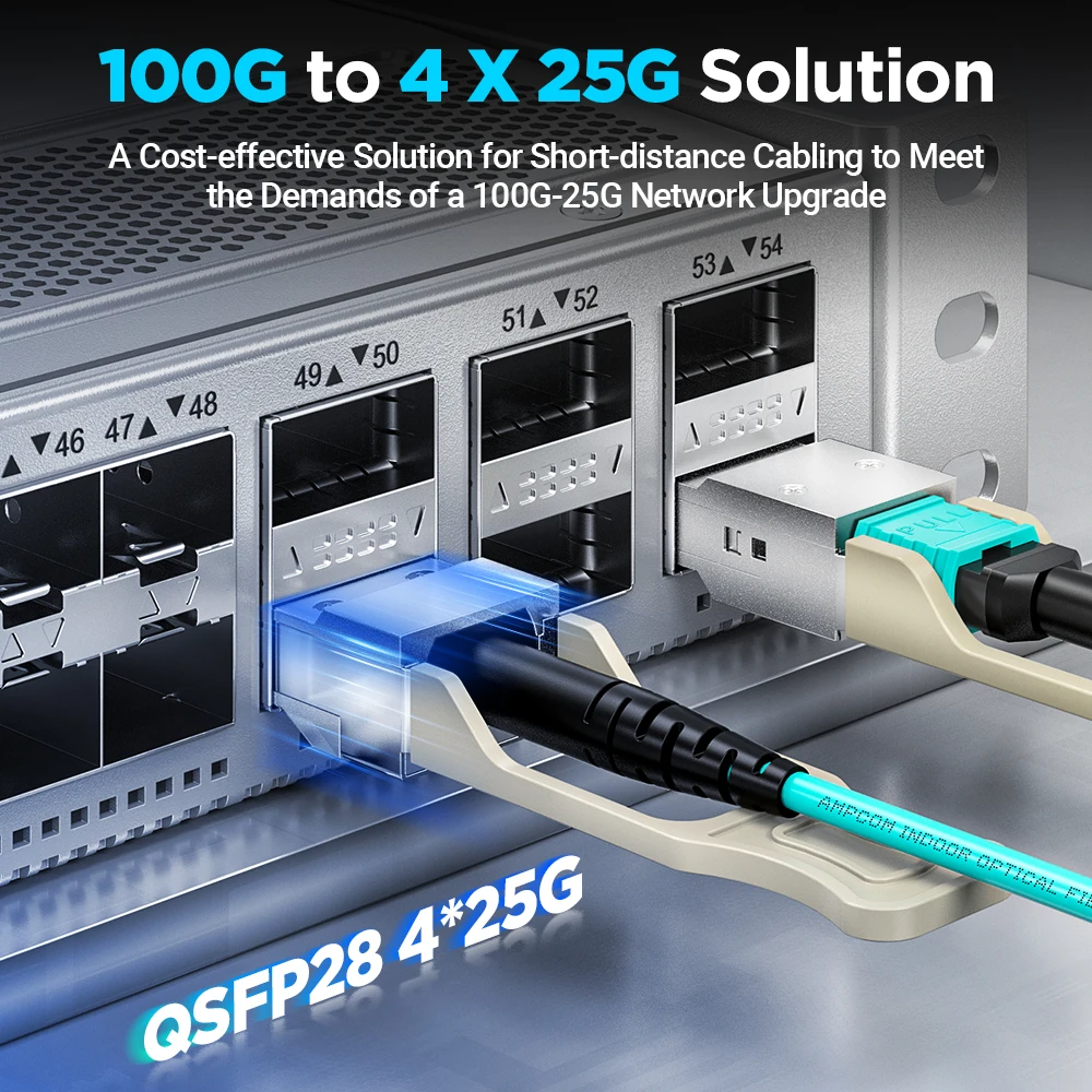 AMPCOM 액티브 광 케이블, 시스코, 미크로틱, 포티넷, 유비퀴티 등용 AOC 어셈블리, 100G QSFP28-4x25G SFP28 브레이크아웃