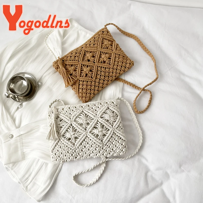 Summer Hollow Straw Bag For Women Tassel Decors Shoulder Messenger Bag Travel Beach Bag Daily Cotton Rope Crossbody Bag