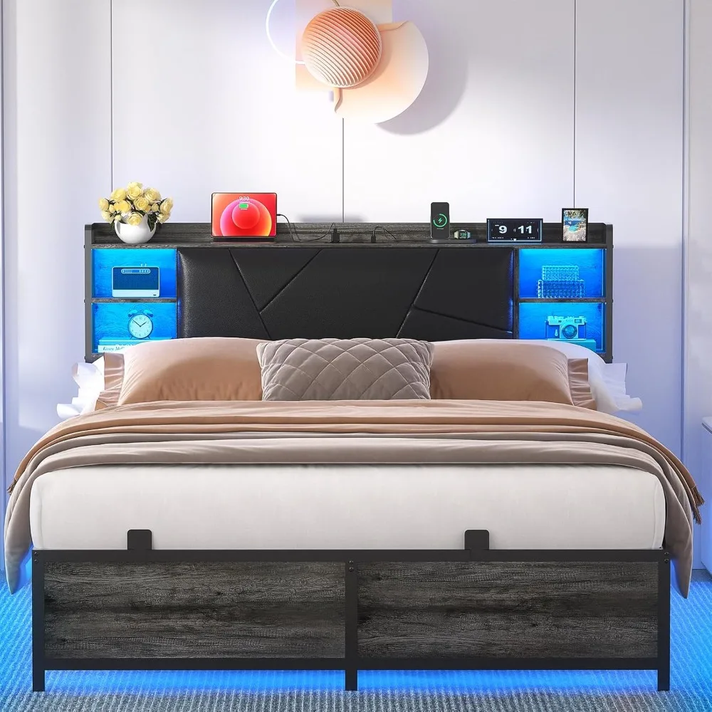 

Full Size Bed Frame with Upholstered Headboard, Charging Station and RGB LED Lights, Heavy Duty Metal Slats, Stable Bed Frame