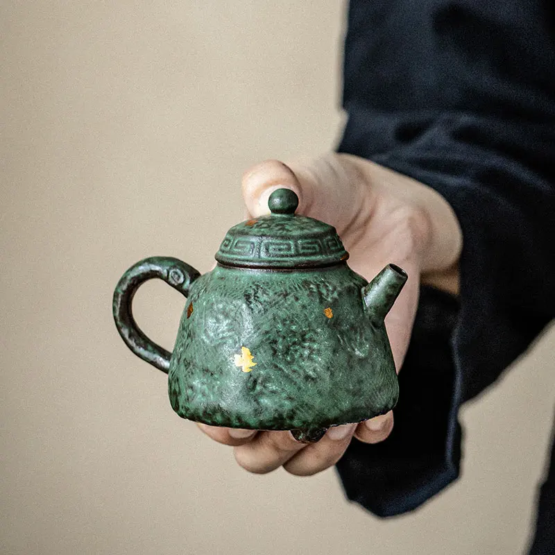 Handmade Bronze Ancient Rock Mud Tea Brewing Pot Chinese Style Home Use Gongfu Tea Set Tea Brewing Device with Gold Splashing