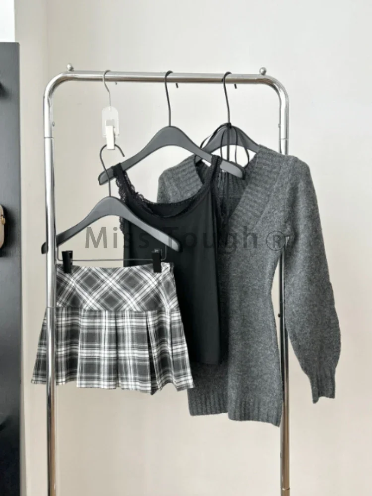 Winter Vintage Slim Knit 3 Piece Set Women High Street Fashion Lace Thin V Neck Vest + Solid Cardigan Plaid Short Skirt 2024 New