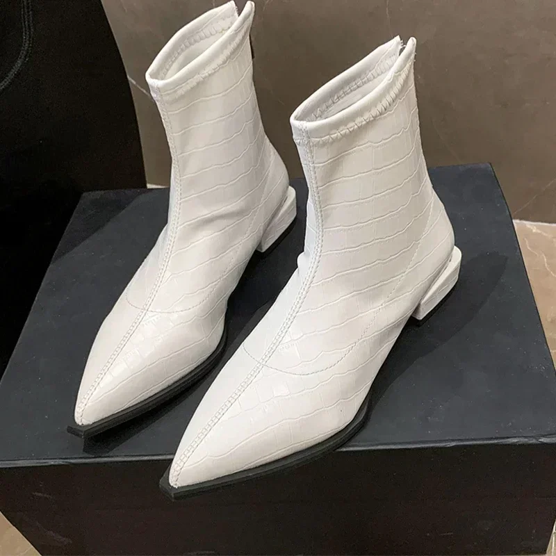 Kobiety Zimowe Niskie Obcasy Chelsea Boots Fad Ankle Shoes New Trend 2024 Spiczaste Buty Motocyklowe Casual Goth Brand Women Shoes