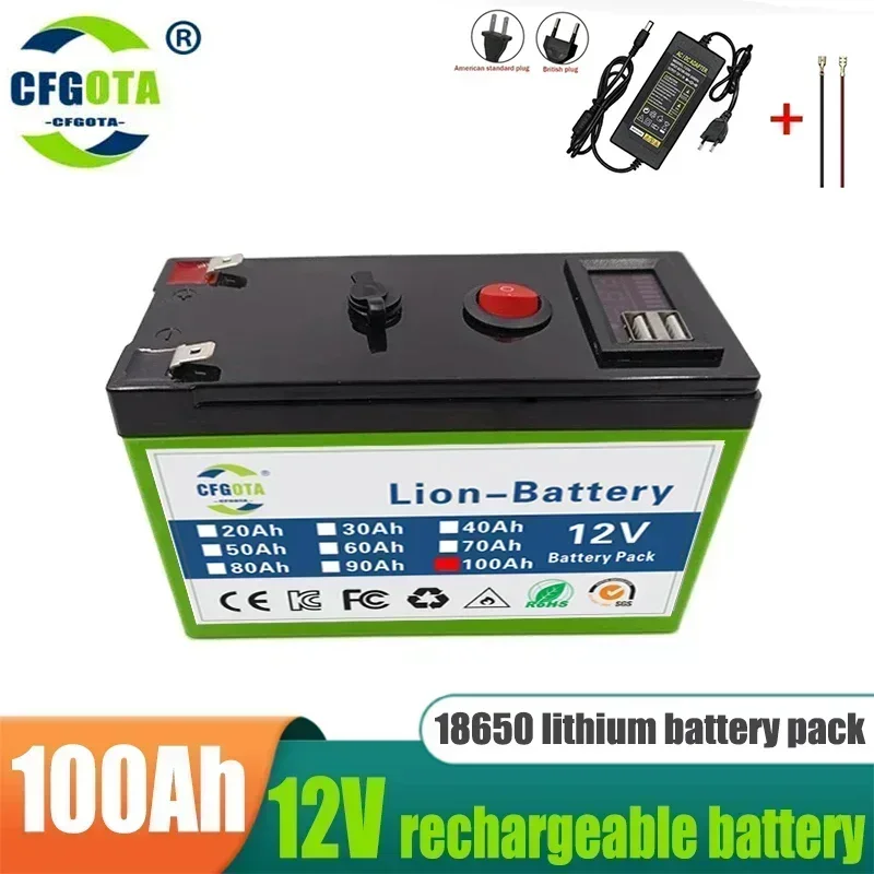 Batería de litio de 12V, 100Ah, 18650, batería recargable LiFePO4 para batería de vehículo eléctrico de energía Solar + cargador de 12,6 V 3A