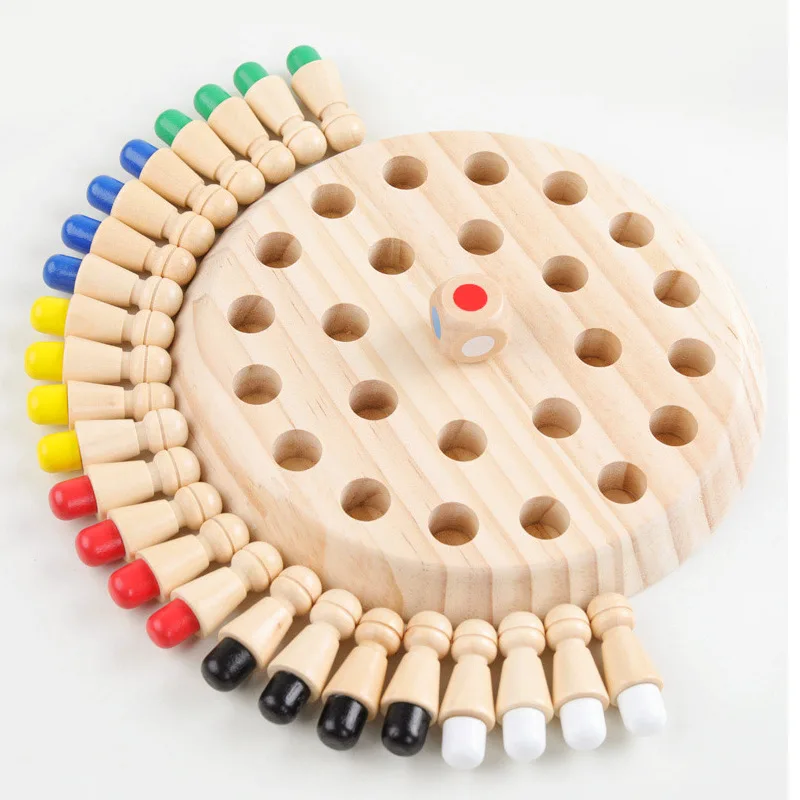 Wooden Memory Chess Game Color Matching Board 24 Pegs Dice Brain Training Educational Puzzle Toy for Kids Ages 3+