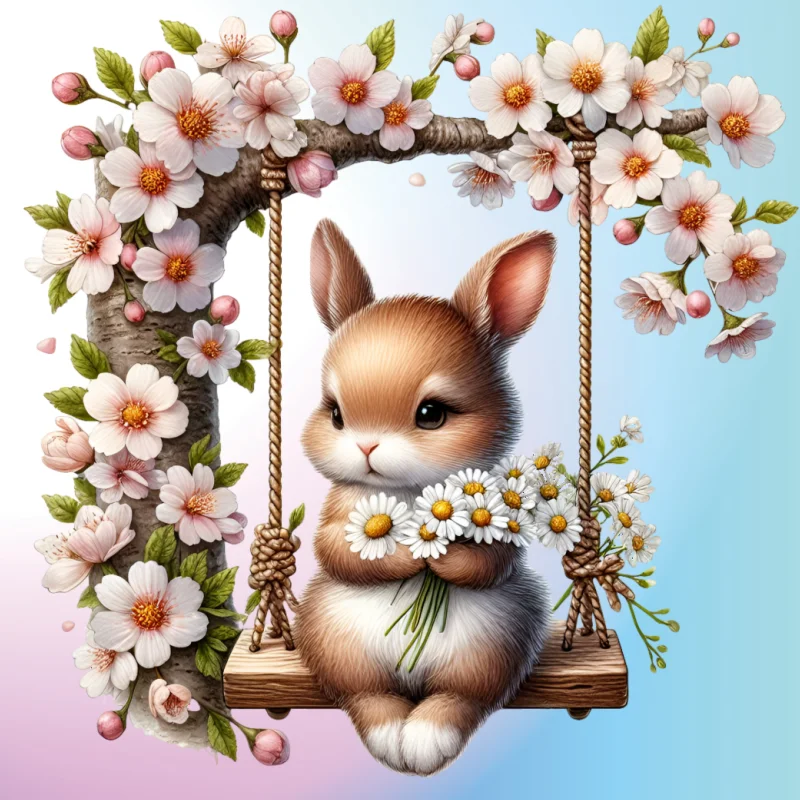 【Spring Story】Swing-Holding Flower Bunny with Cherry Blossom Branches Semi-Encircling Design Silicone Mold, Suitable for Cake Decoration, Chocolate, and Fondant Making