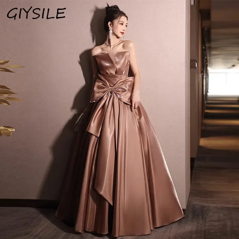 GIYSILE Big Bow Banquet Evening Dress New Satin High Grade Bra Sweet and Lovely Long Dress Modern Light Luxury Wedding Dress