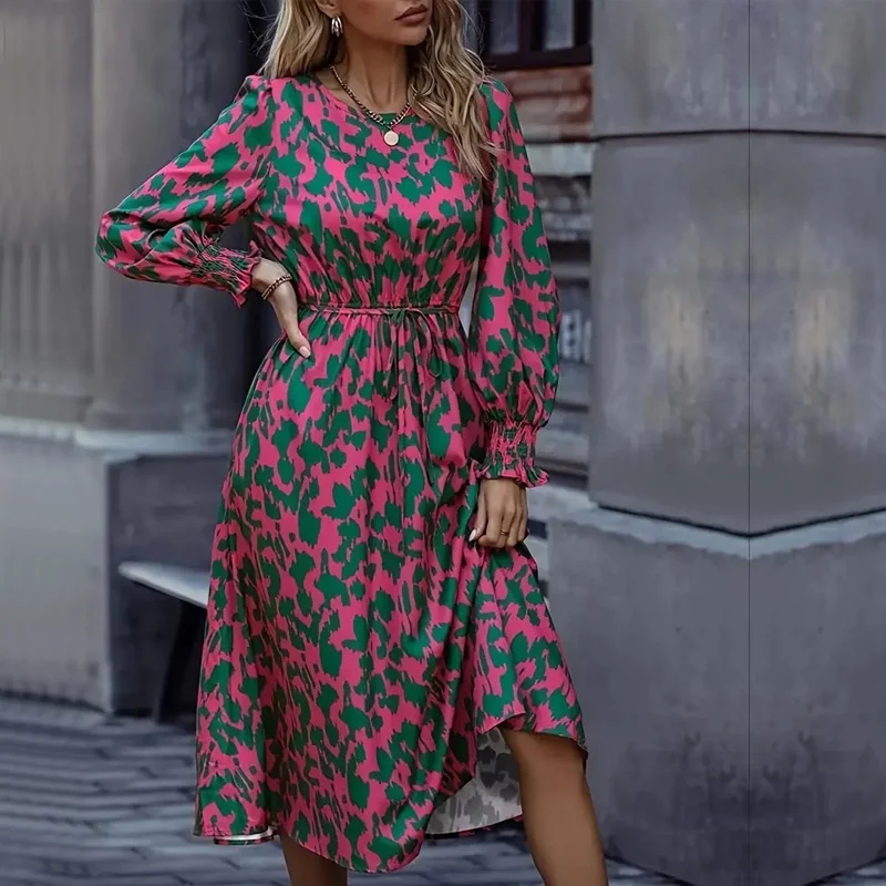 

Осенние женские платья макси, повседневное облегающее платье с длинным рукавом и цветочным принтом, с эластичной талией и круглым вырезом, женское блестящее длинное платье, платья