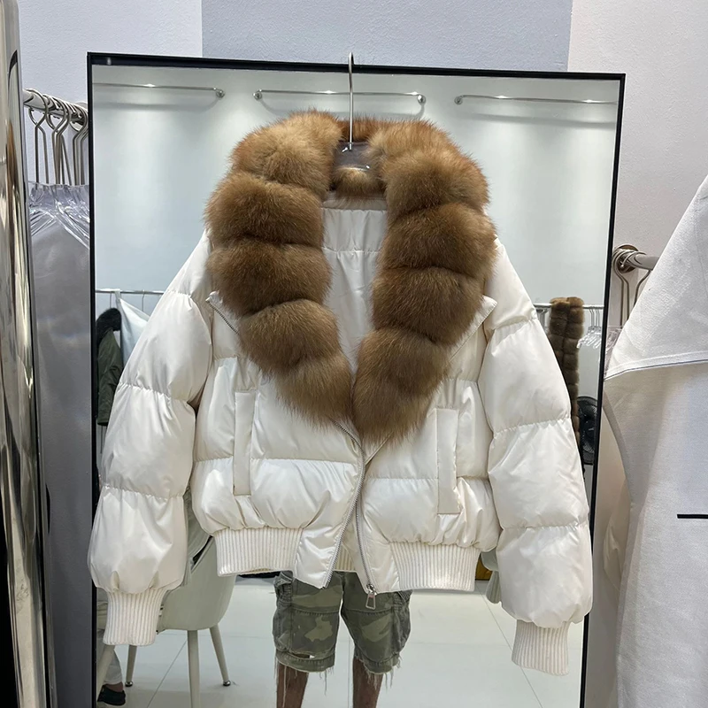 Winter Natural Large Fur Collar Short Down Jacket Female Zipper Warm Quilted Bread Jacket Women White Duck Down Fur Outwears