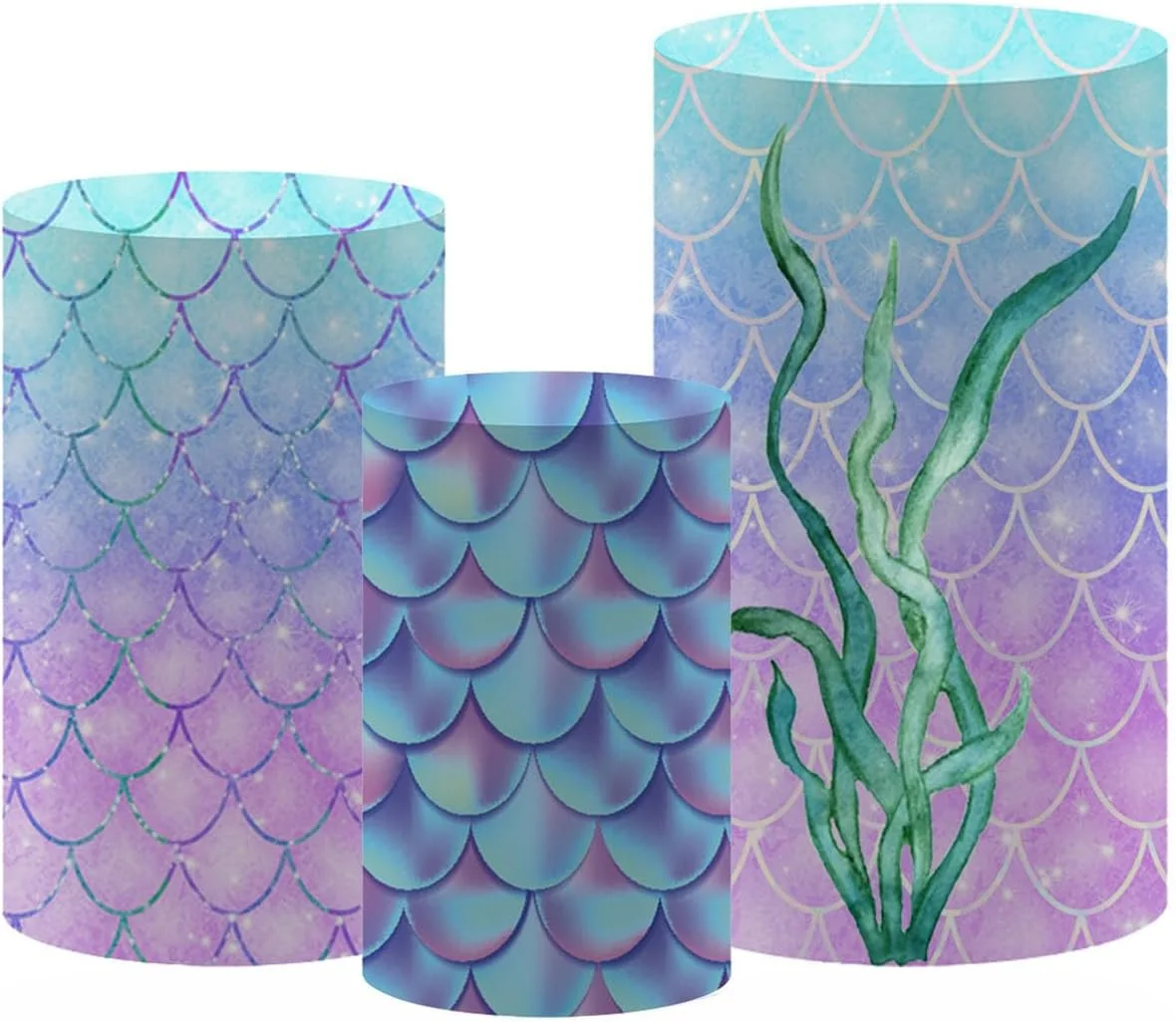 Mermaid Theme Cylinder Plinth Pedestal Fabric Covers Water Grass and Fish Scale Pattern Elastic Spandex for Party Events