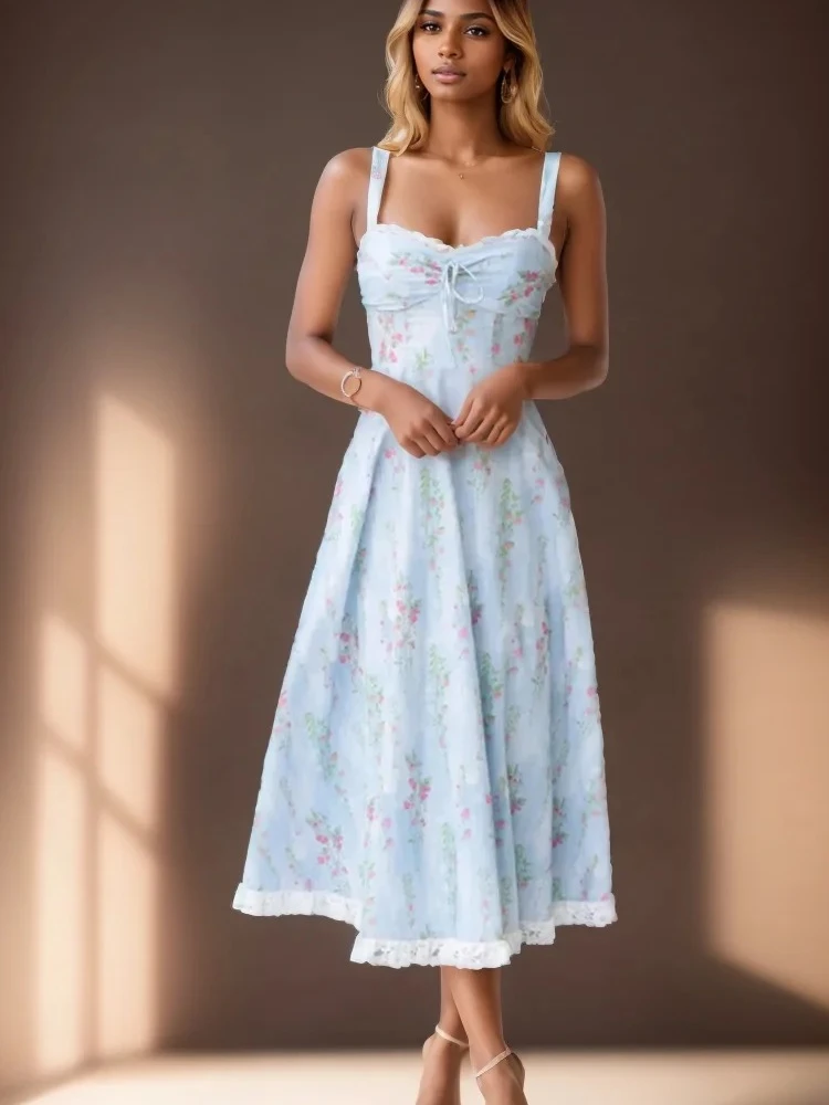 نحيل عالية الخصر أنيقة الأزهار طباعة فساتين مثير عارية الذراعين الدانتيل متابعة الدانتيل حمالة فستان بكتافة جديد الصيف المرأة فستان ماكسي #1