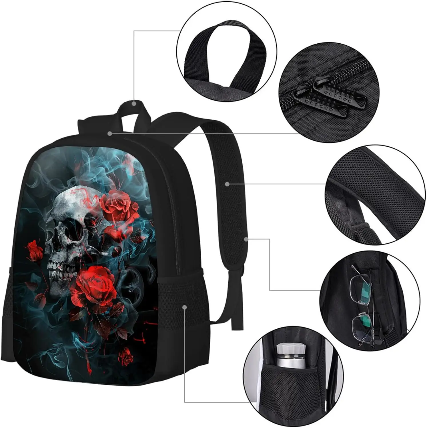 ゴススカルバックパック男の子女の子ゴシックスカル赤いバラブックバッグ小学校中学校バッグ大