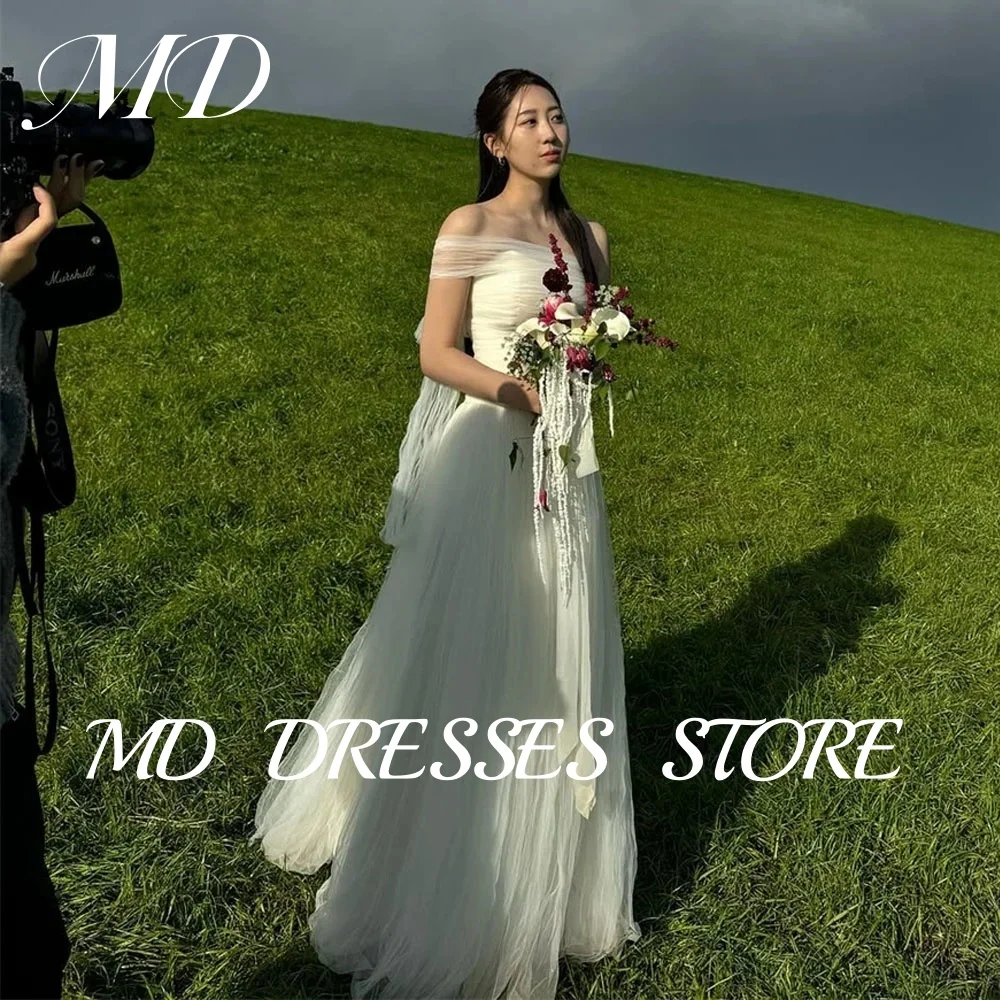 MD Elegant White A-line Wedding Dresses Off Shoulder Soft Tulle Backless Korea Photoshoot Bridal Gown Corset Back Customised