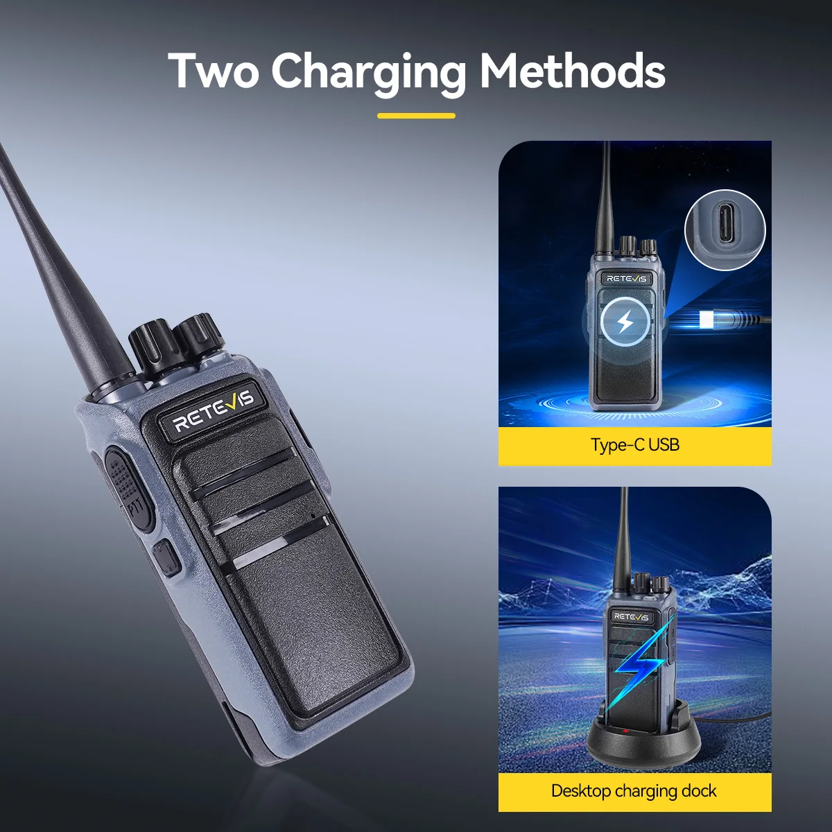Retevis C64 Walkie Talkie 5W VHF UHF Handheld wiederaufladbares Radio Sprachsteuerung Langlebiges Typ-C-Radio für Baustellen – Detail 6
