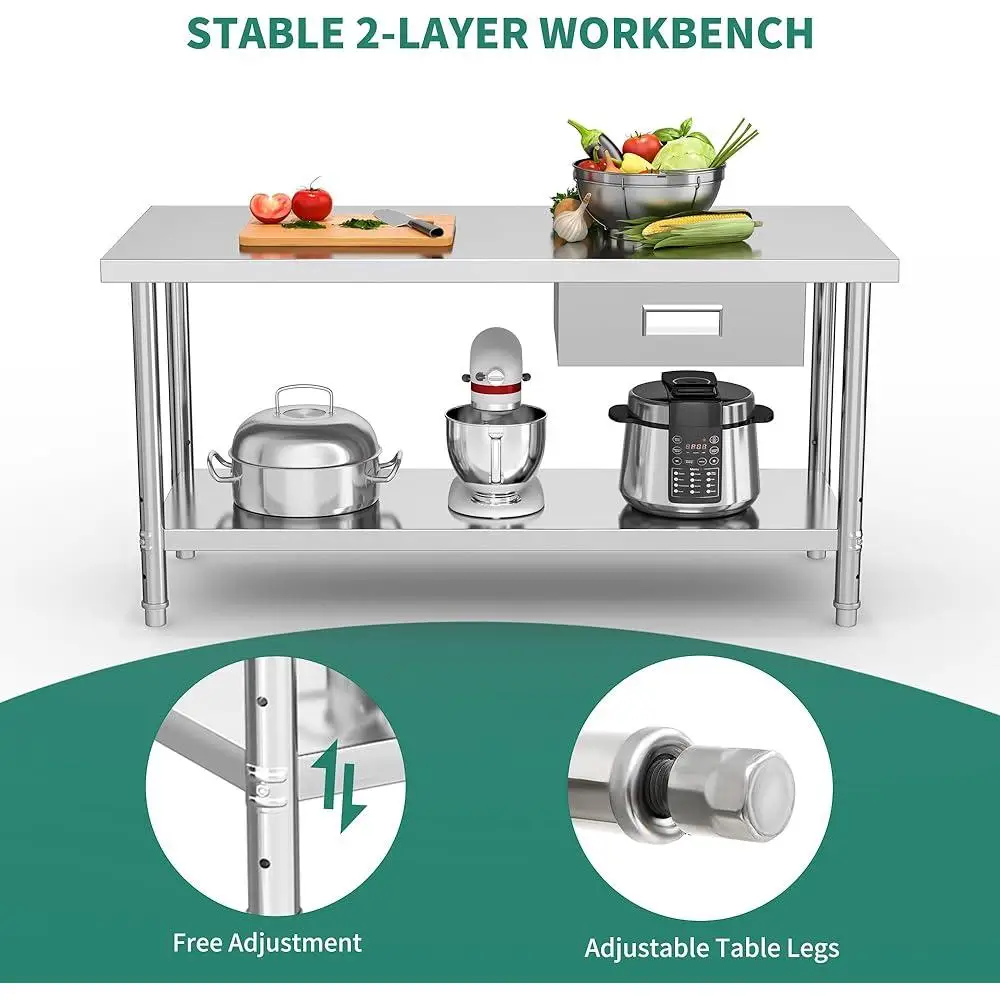 NSF Stainless Steel Work Table with Silent Drawers Adjustable Undershelf Metal Prep Table Kitchen Garage Restaurant Use