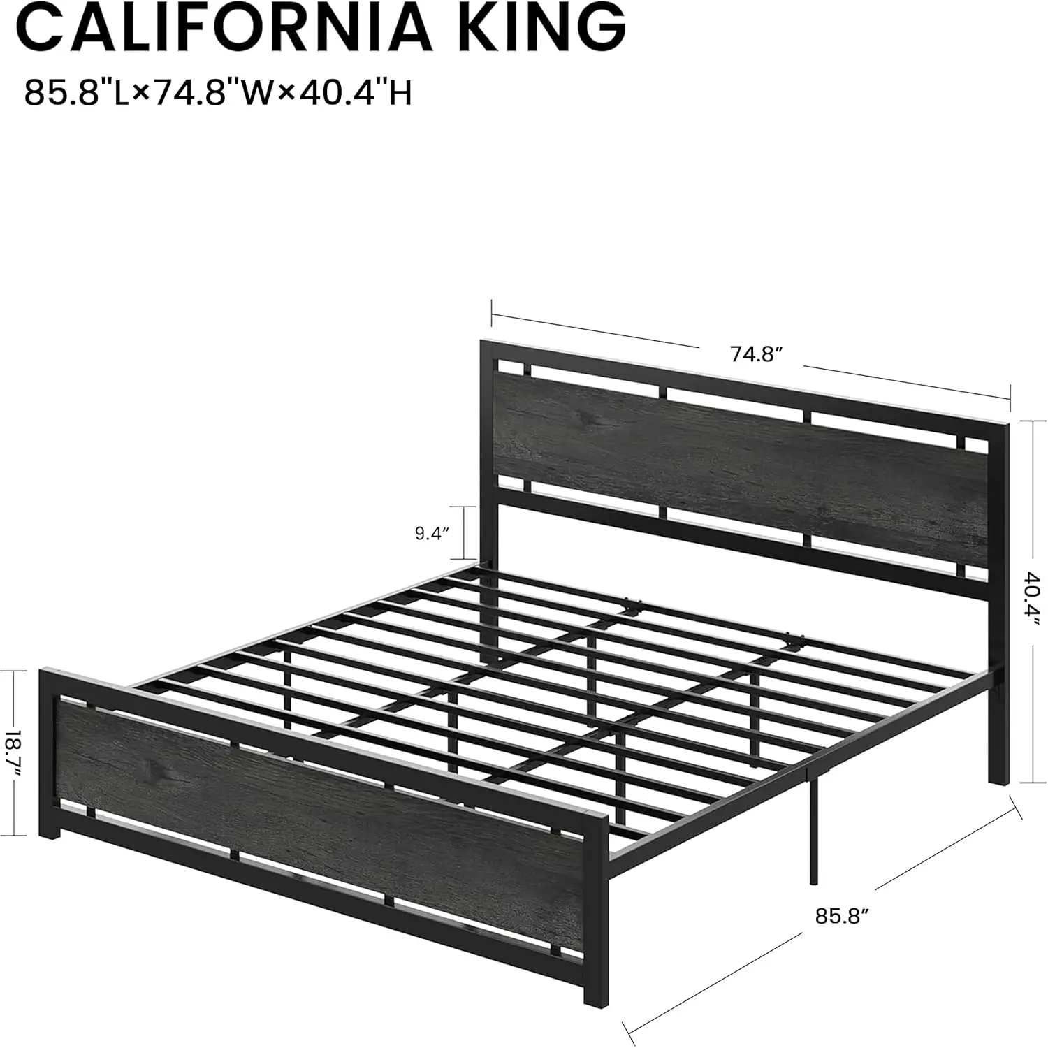 California King Bed Frame with Headboard & Footboard, Metal Platform, No Box Spring Needed, Customized