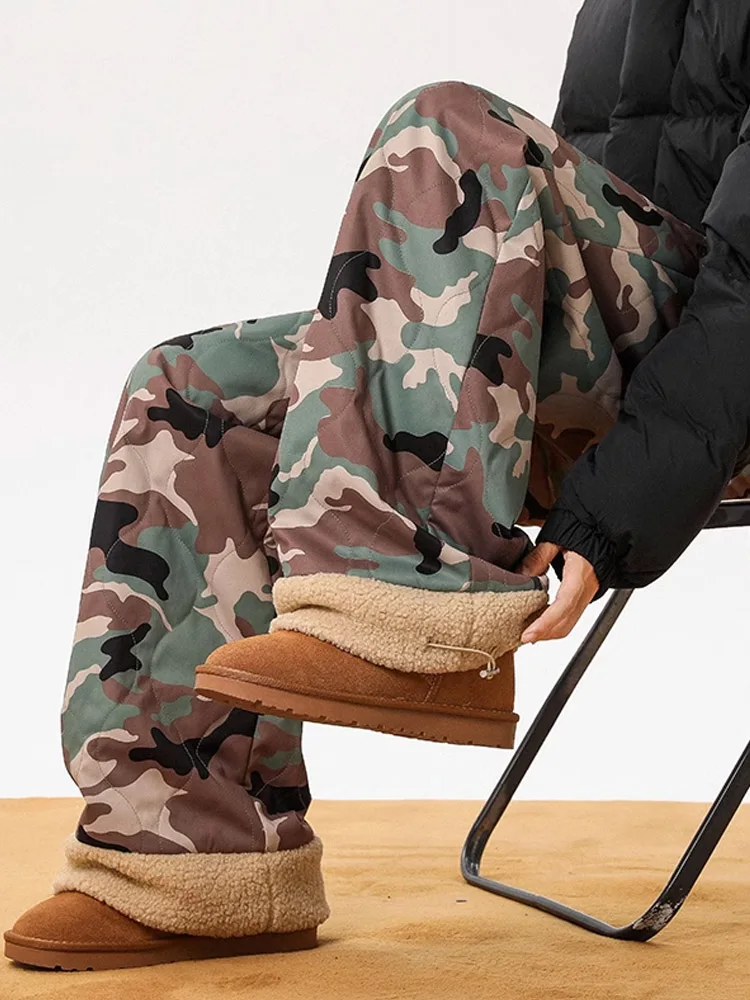 

EAHO камуфляжные хлопковые брюки с мехом ягненка, мужские зимние теплые уличные ветрозащитные лыжные брюки, повседневные прямые брюки