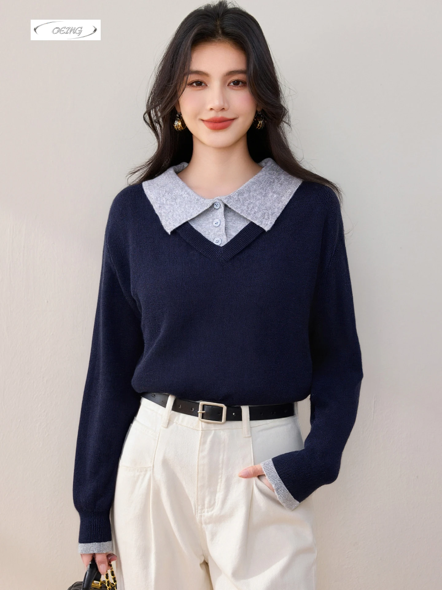 

Fashion Spliced Preppy Style Polo Collar Knitted Pullover Sweater Women Knitwear Autumn Winter Elegant Korean Loose Tops 9826