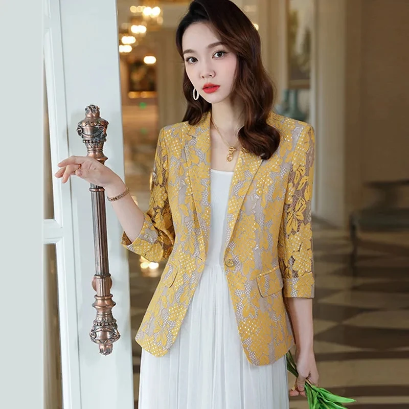 

Design Sense Lace Blazer 2022 New Spring Top Women's Casual Three Quarter Sleeve Coat Lady Summer Sun Protection suit Jacket Blu