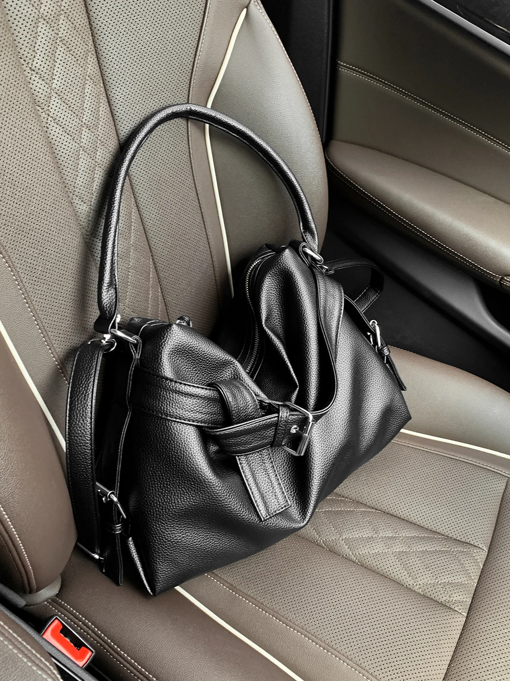 

Black Motorcycle Crossbody Bag Texture Litchi Pattern Soft Leather Large Capacity One Shoulder Bags Women Commute Handbags