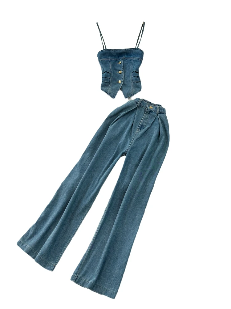 Conjunto de dos piezas de top ter de mezclilla a la moda y falda de cintura alta para mujer, diseño ajustado de longit...