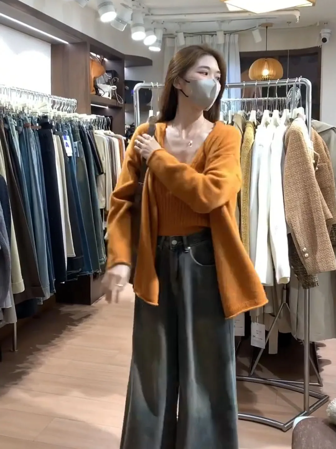 الخريف الشتاء المرأة سترة على شكل حرف v سترة مجموعة البرتقال الغروب اللون طبقات التخسيس Sle محبوك سترة طويلة Sve #3