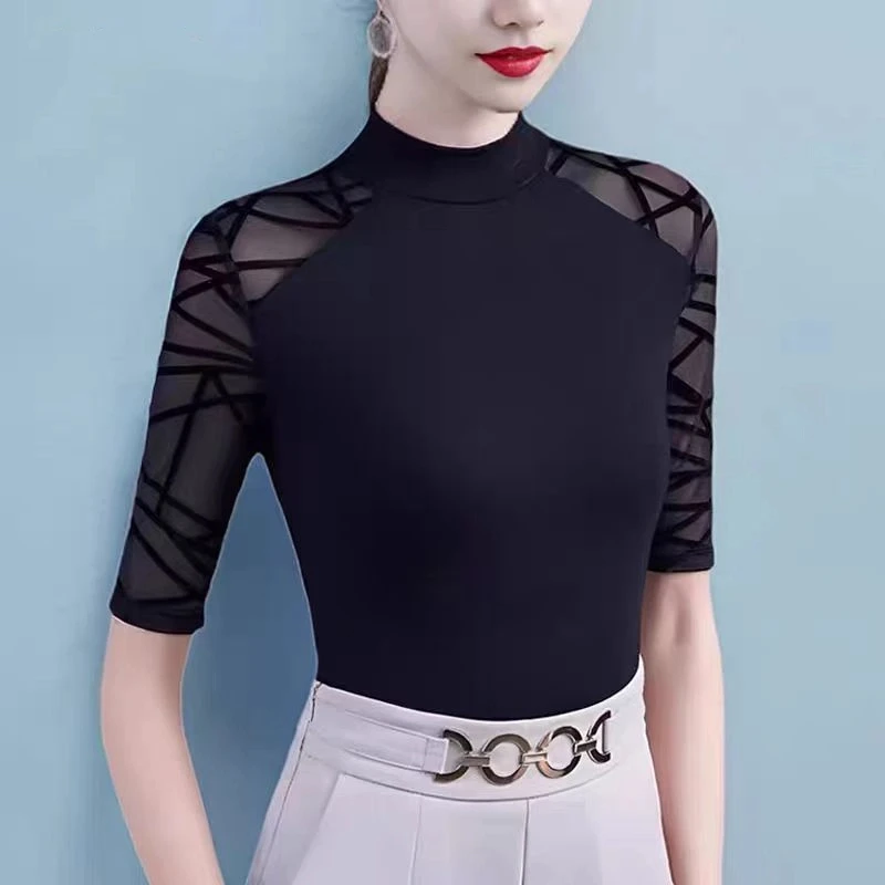 Five-point Sleeve T-shirt Women's Hollow Black Slim Shirt Half High Neck Fashionable Versatile Top WJ141