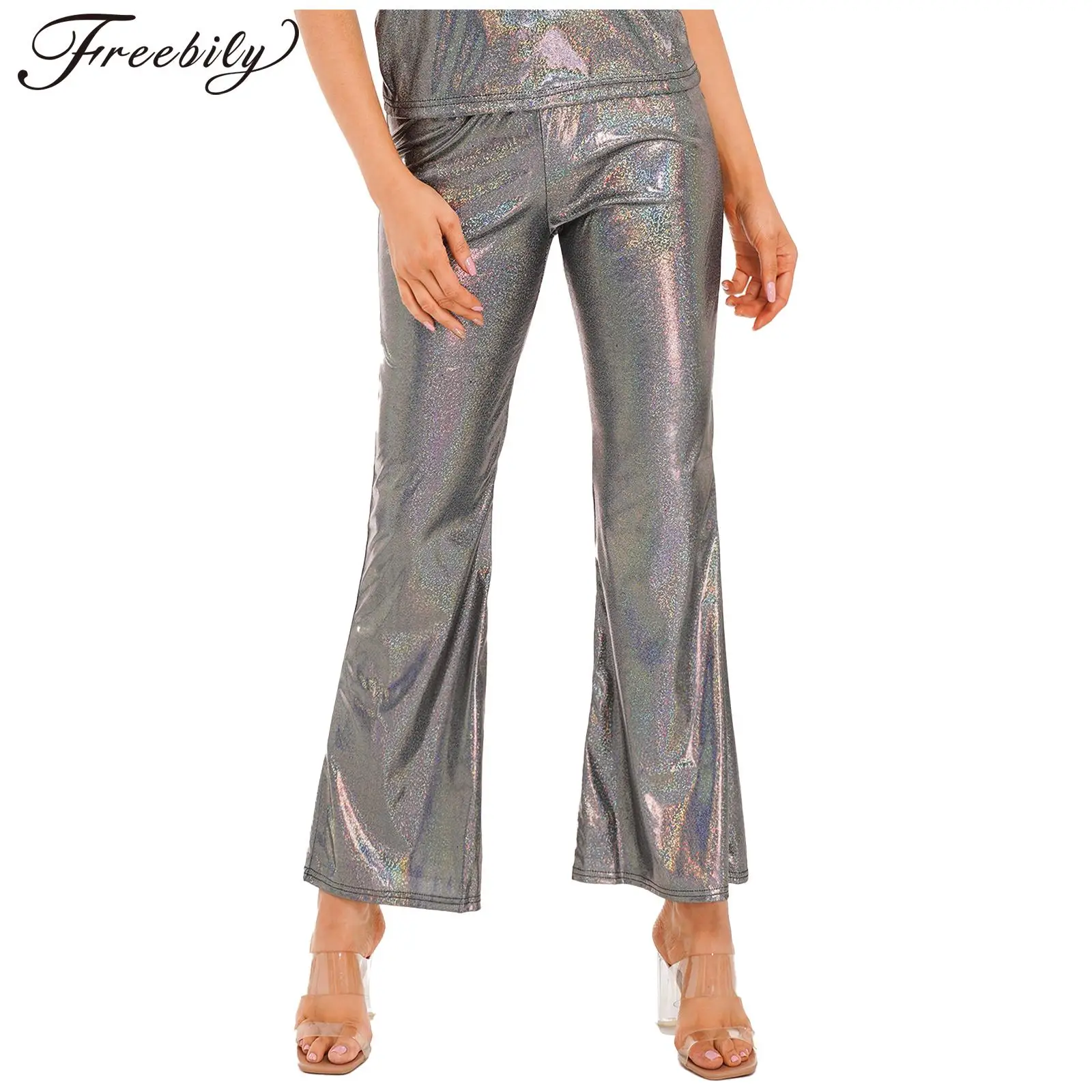 

Womens New Fashion Shiny Holographic Flared Pants Elastic Waistband Bell-Bottomed Trousers for Dance Party Club Music Festival
