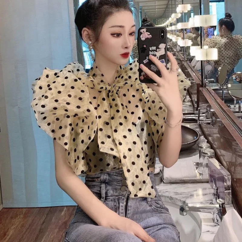 Ruffle Puff Sleeve Black Polka Dot Shirt Women Vintage Blusa Bow Lace Up Lantern Transparent New Blouse Top 2024