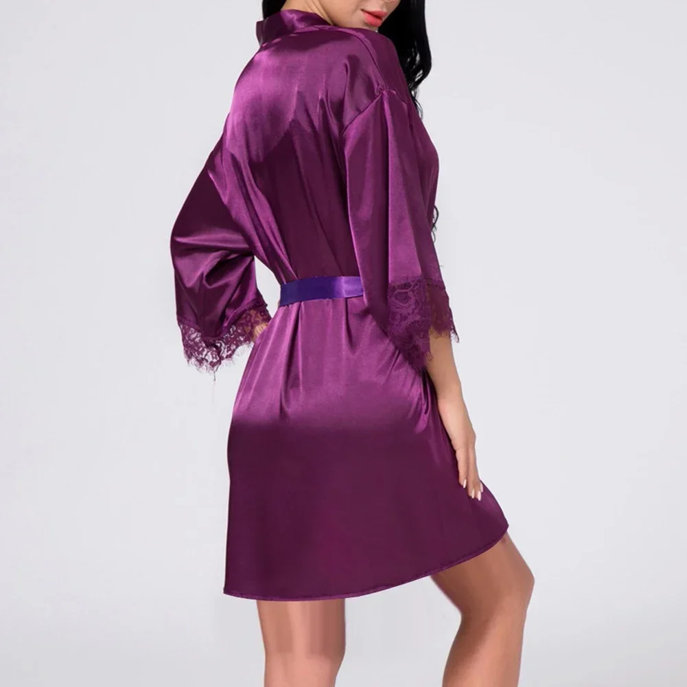 Women Sexy Ice Silk Lingerie Satin Robes With Belt Kimono Sleepwear Solid Long Sleeve Lace Nightdress Comfortable Nightwear