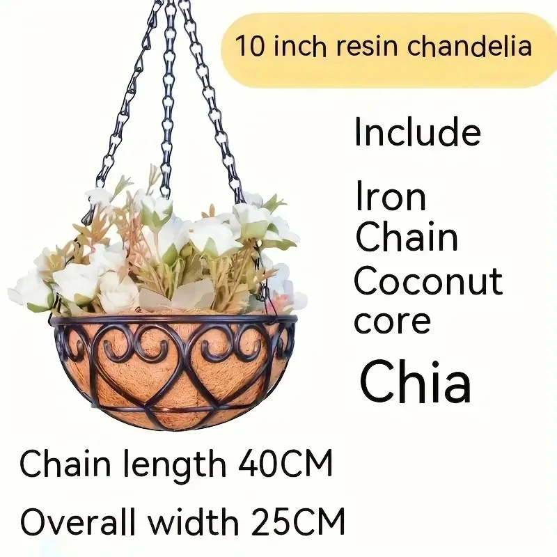 Coconut Brown Round Iron Chain Hanging Basket Flower Pot, European Creative Meat Green Plant Hanging Blue Flower Pot