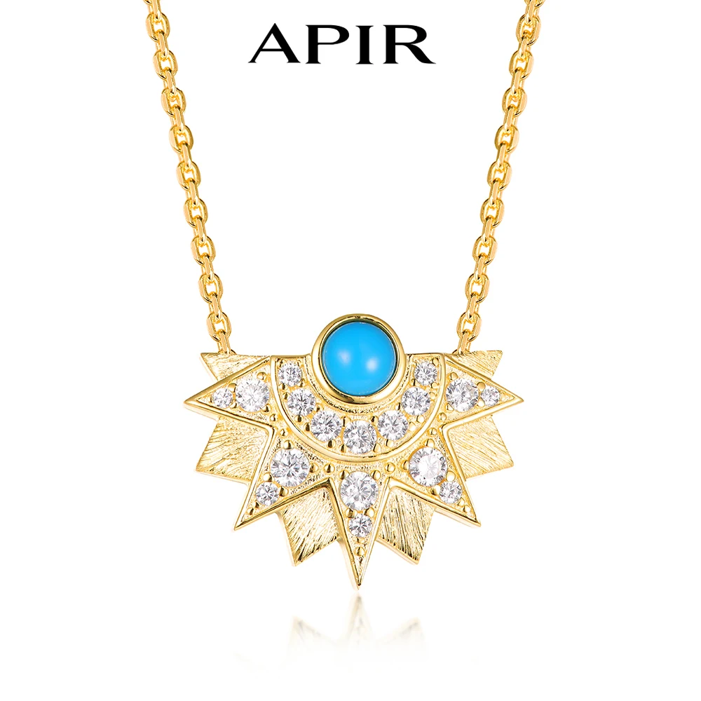 

APIR 18K Gold Plated Sun Round Floral Design Pendant Necklaces for Women Blue Turquoise Zirconia Elegant Fine Neck Jewelry Gifts