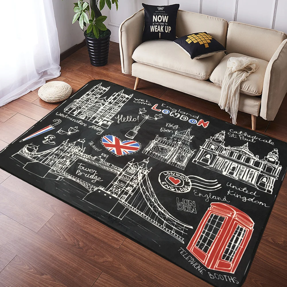 Large Shabby Chic Vintage Area Rugs London Black Suede Carpet Non Slip Mat Indoor/Outdoor Rugs for Living Room/Bedroom/Hotel