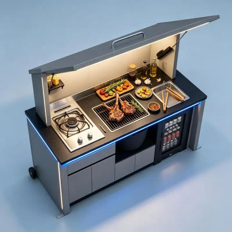 Outdoor Kitchen Integrated BBQ Outdoor Unit Corrosion Resistant Metal Countertop Storage Drawers For Patio