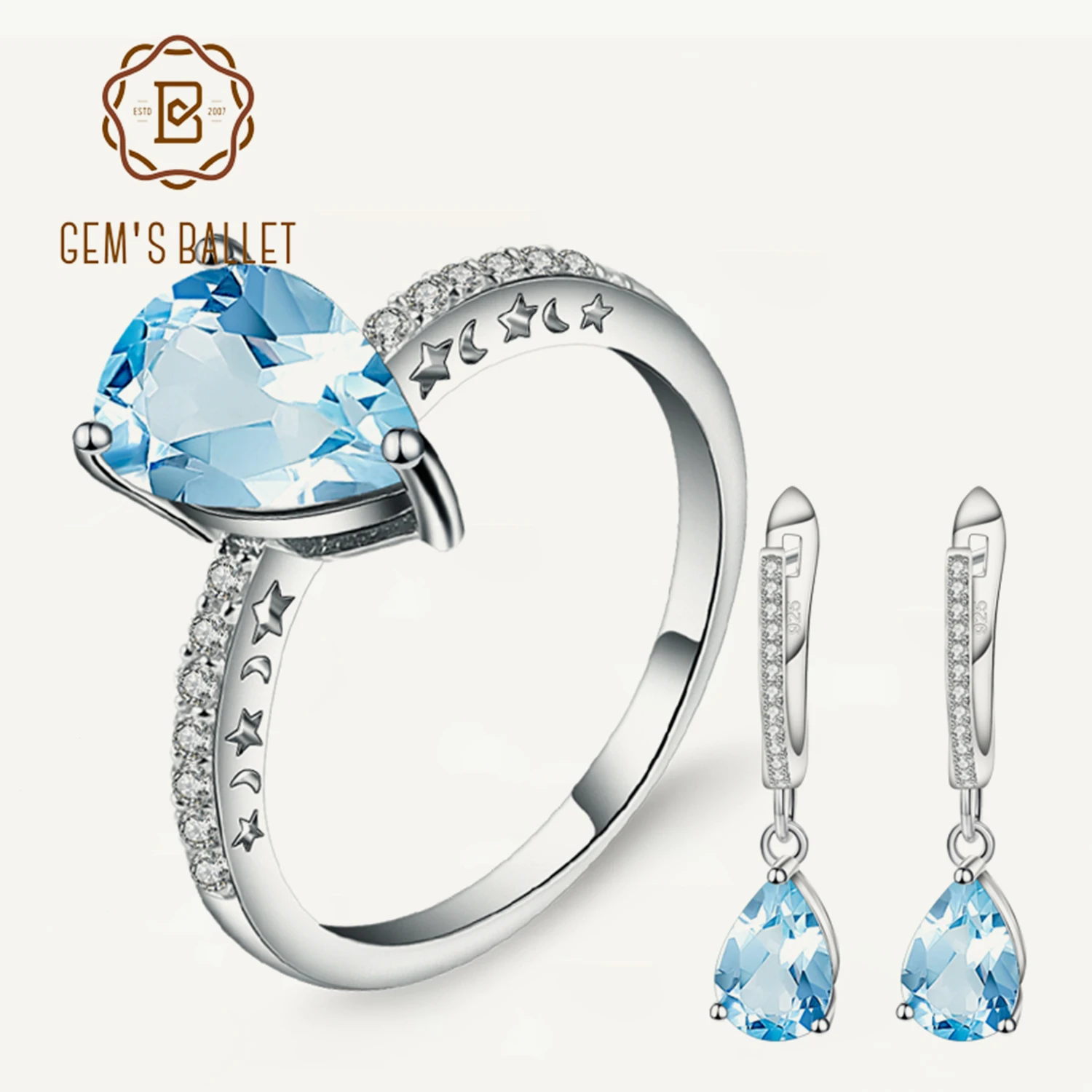 

GEM'S BALLET 2.4Ct Sky Blue Topaz Water Drop Rings Drop Earrings 925 Sterling Silver Natural Gemstone Fine Jewelry Set For Women