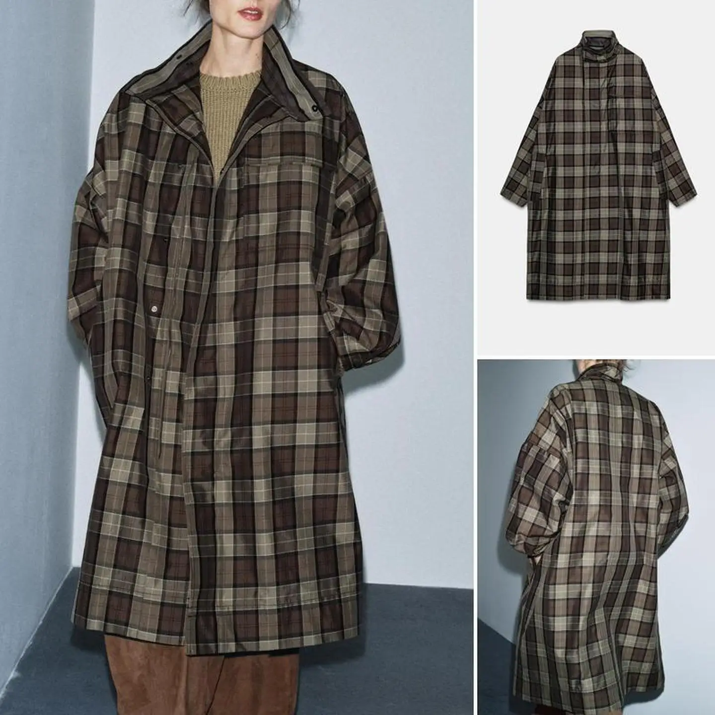 

Autumn Winter Plaid Loose Casual High Collar Long Sve Windbreaker Briti Sle Women's Faion Cotton Linen Blend Coat