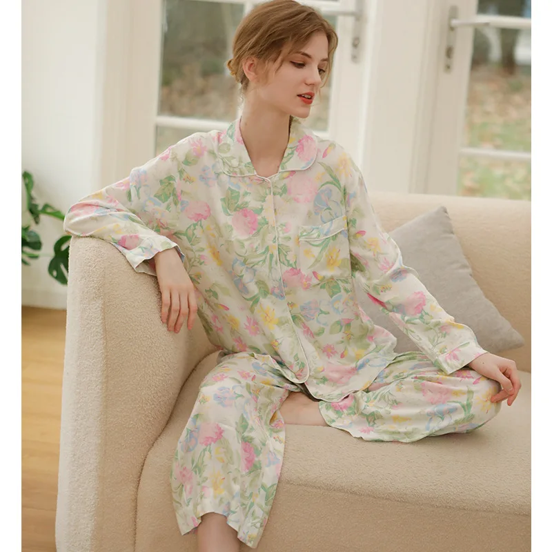 Autumn 2022 Satin Vanilla Mint Long Sleeve Printed Pajama Two-piece Set Floral Viscose Pajamas for Women Pijama Mujer 2 Piece