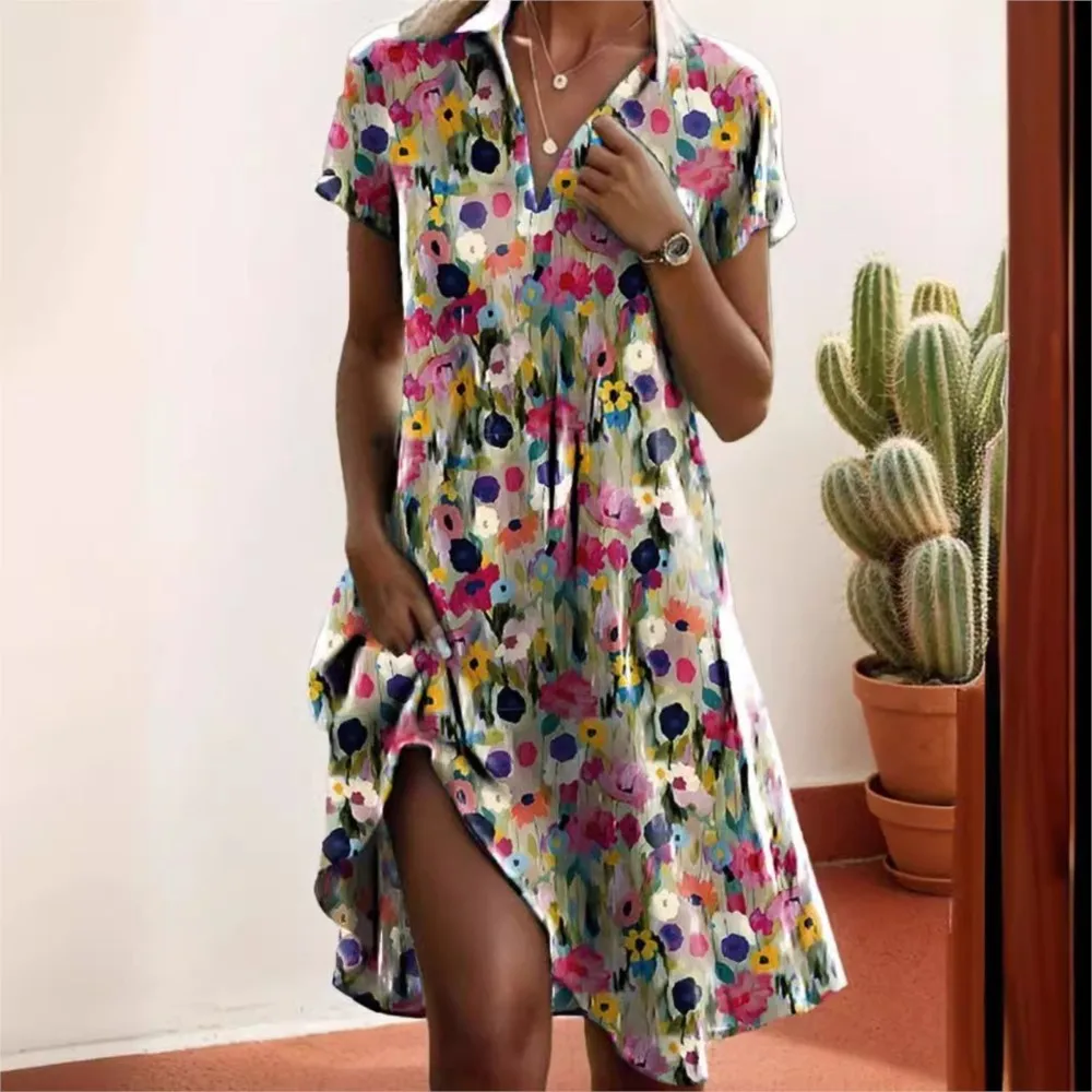 Elegant Slim A-Line Knee Length Boho Shirt Dress 2024 Fashionable New Women's Short Sleeved Printed Casual V-neck Dress Vestidos